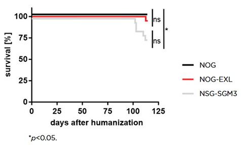 Figure 2: Humanized NOG-EXL mice exhibit improved overall survival compared to humanized NSG-SGM3 mice.