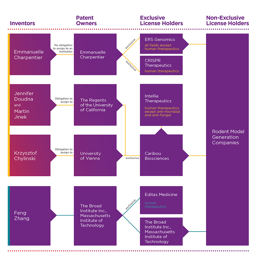 Inventors, Patent Owners, Exclusive License Holders, and Non-Exclusive License Holders. Image adapted from ERS Genomics.